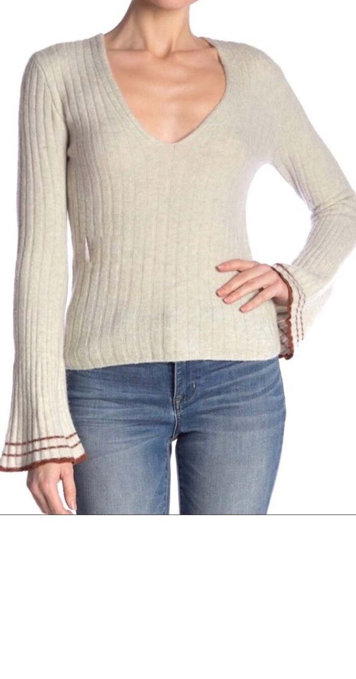 Free People May Morning Bell-Sleeve Pullover Sweater Grey Beige Small